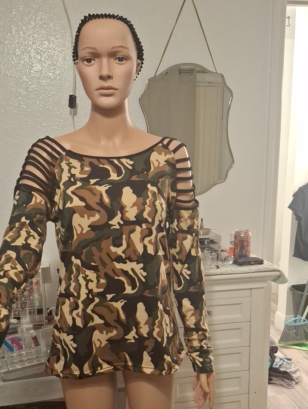 Women's Brown Camouflage Long Sleeve Cutout Top